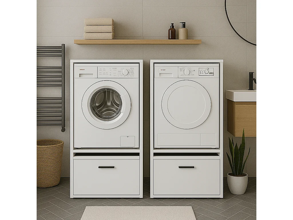 Mobile Per Lavatrice Asciugatrice Armadio Mobiletto Bagno Mobili Salvaspazio Con Cassetto E Mensola Allungabile Scaffale In Legno 70x146x64 Cm Bianco