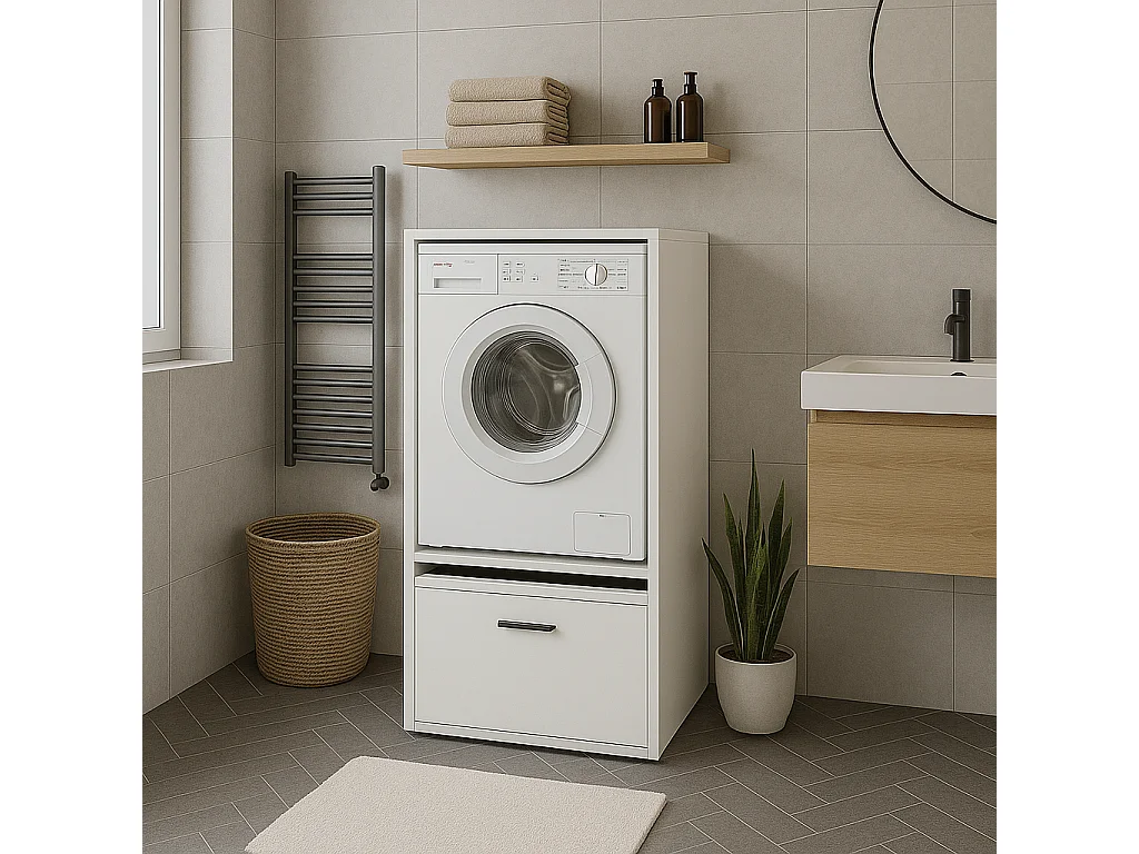 Mobile Per Lavatrice Asciugatrice Armadio Mobiletto Bagno Mobili Salvaspazio Con Cassetto E Mensola Allungabile Scaffale In Legno 70x146x64 Cm Bianco