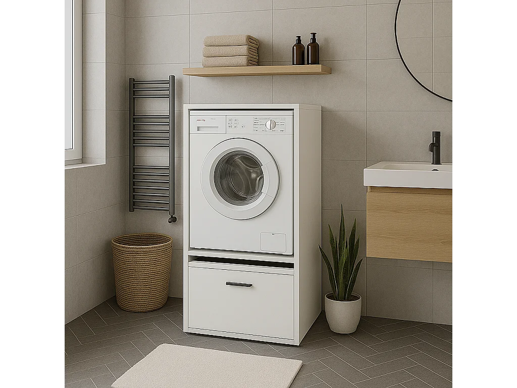 Mobile Per Lavatrice Asciugatrice Armadio Mobiletto Bagno Mobili Salvaspazio Con Cassetto E Mensola Allungabile Scaffale In Legno 70x146x64 Cm Bianco