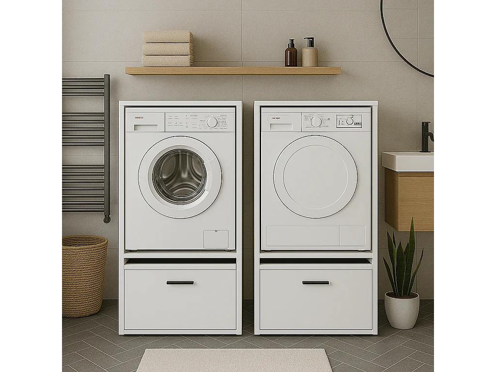 Mobile Per Lavatrice Asciugatrice Armadio Mobiletto Bagno Mobili Salvaspazio Con Cassetto E Mensola Allungabile Scaffale In Legno 70x146x64 Cm Bianco