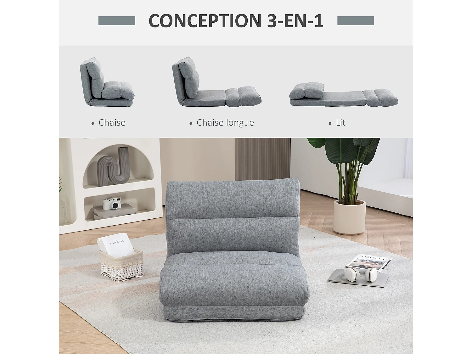 Fauteuil convertible fauteuil paresseux grand confort inclinaison dossier multipositions 90°-180° tissu gris chiné