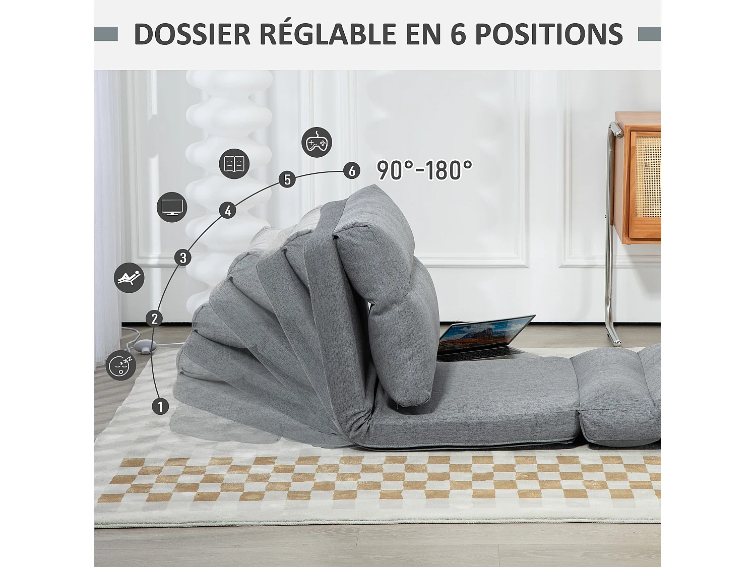 Fauteuil convertible fauteuil paresseux grand confort inclinaison dossier multipositions 90°-180° tissu gris chiné