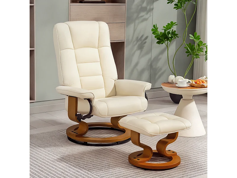 Fauteuil relax inclinable pivotant réglable avec repose-pied bois revêtement synthétique crème