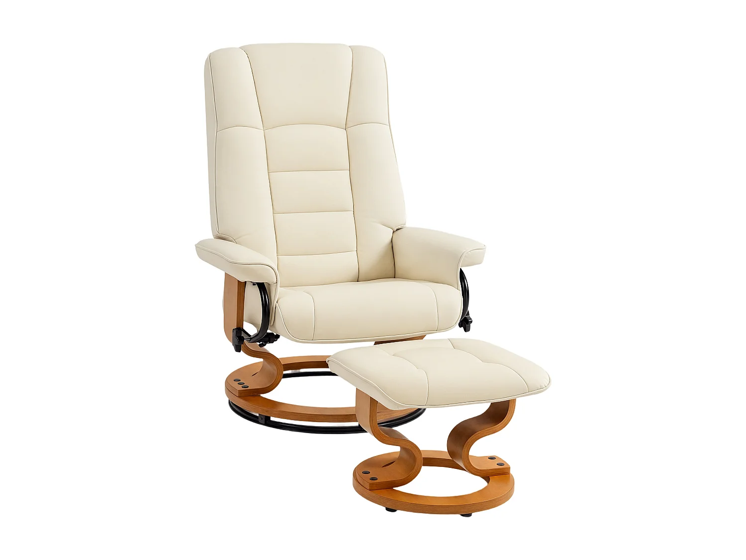 Fauteuil relax inclinable pivotant réglable avec repose-pied bois revêtement synthétique crème