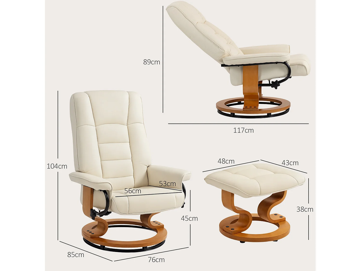 Fauteuil relax inclinable pivotant réglable avec repose-pied bois revêtement synthétique crème