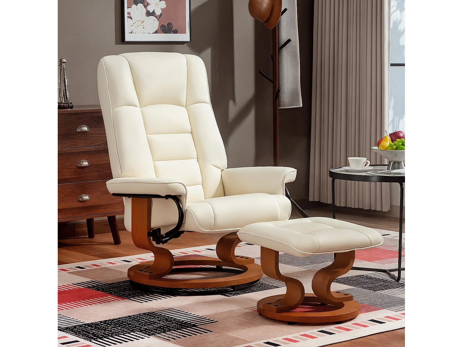Fauteuil relax inclinable pivotant réglable avec repose-pied bois revêtement synthétique crème