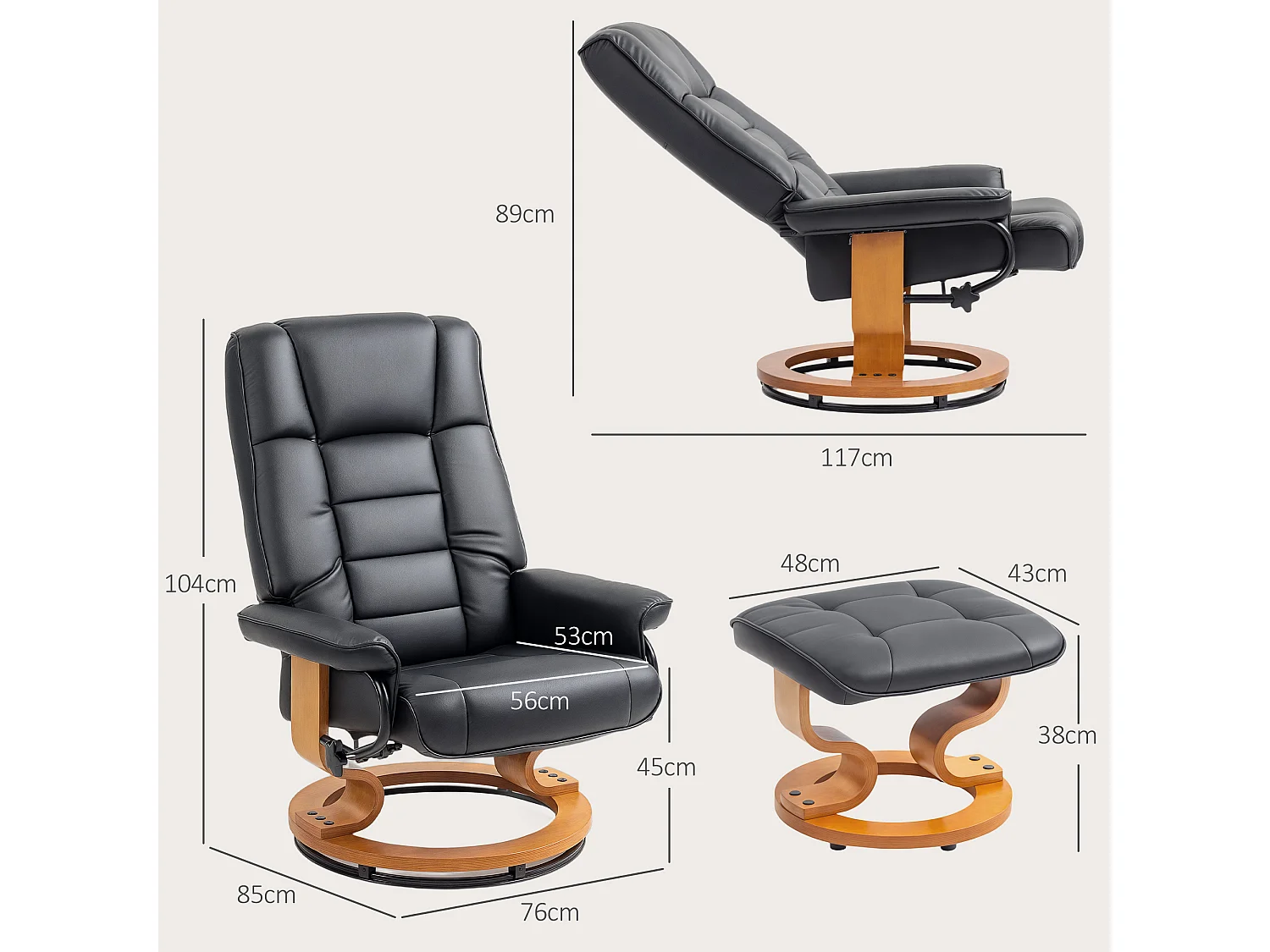 Fauteuil relax inclinable pivotant réglable avec repose-pied bois revêtement synthétique noir