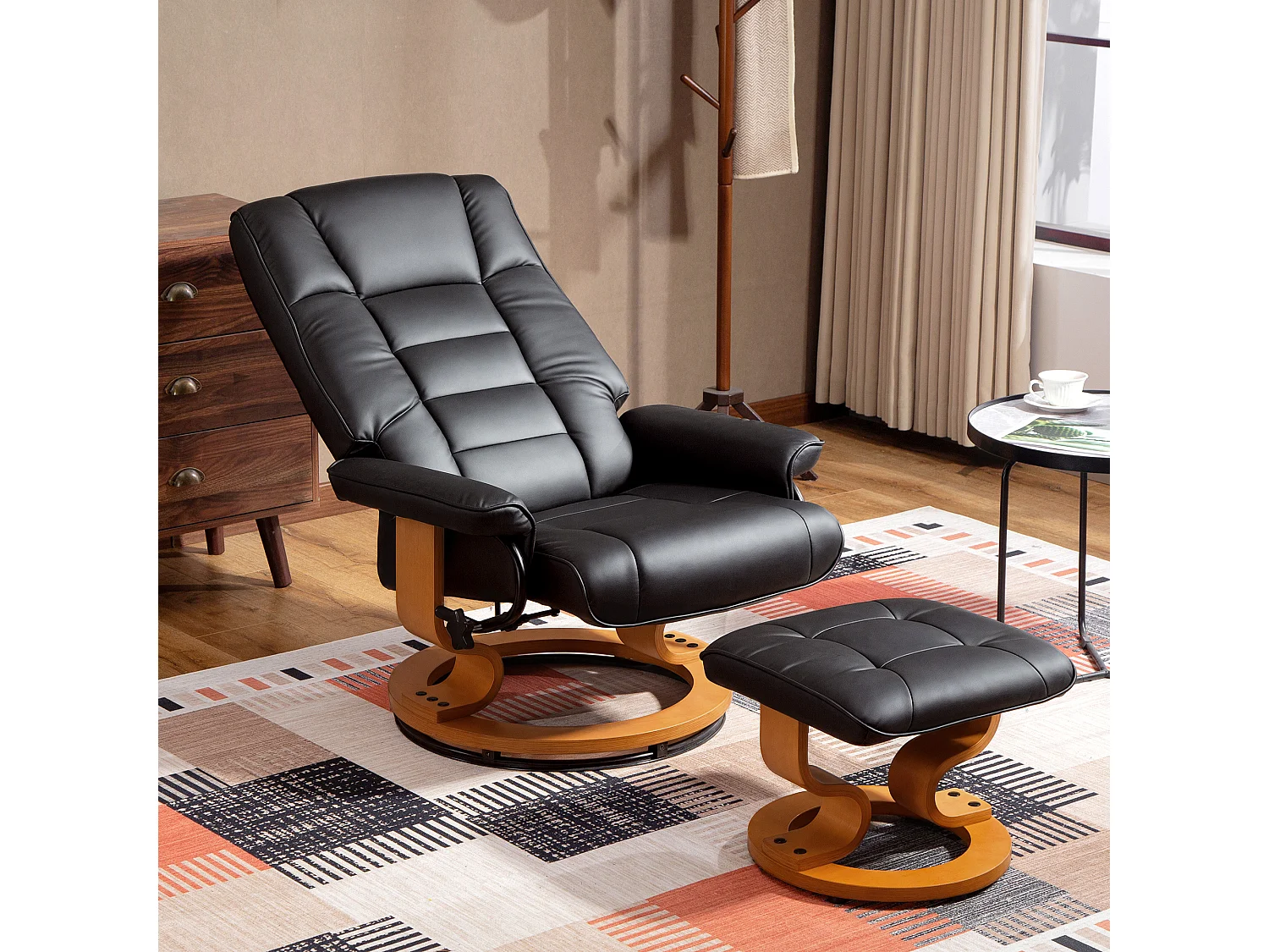 Fauteuil relax inclinable pivotant réglable avec repose-pied bois revêtement synthétique noir