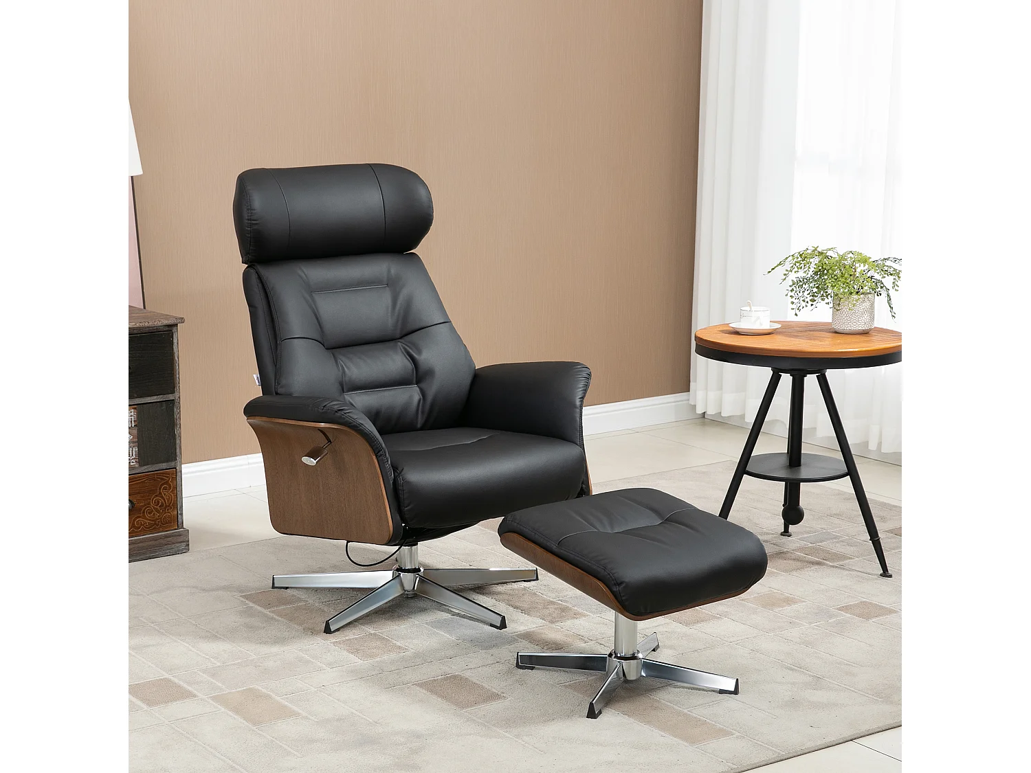 Fauteuil relax avec repose-pieds - ensemble lounge chair design - acier chromé bois eucalyptus synthétique noir