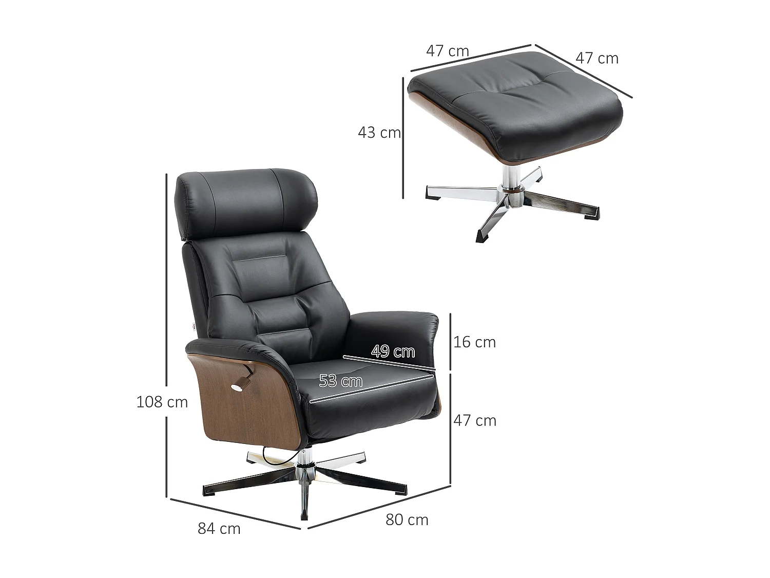 Fauteuil relax avec repose-pieds - ensemble lounge chair design - acier chromé bois eucalyptus synthétique noir