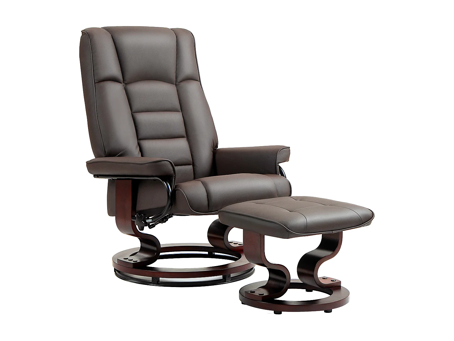Fauteuil relax inclinable pivotant réglable avec repose-pied bois revêtement synthétique chocolat