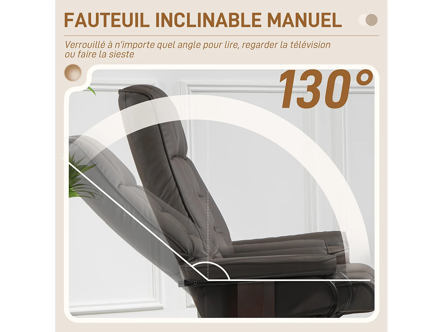 Fauteuil relax inclinable pivotant réglable avec repose-pied bois revêtement synthétique chocolat