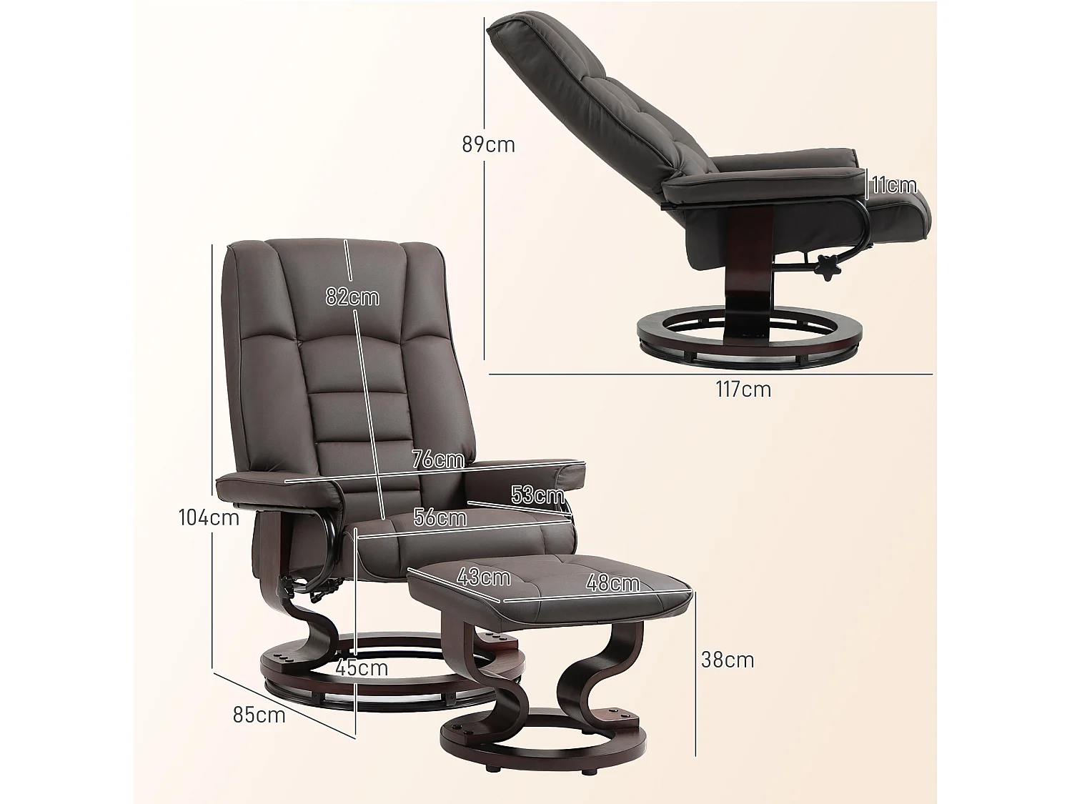 Fauteuil relax inclinable pivotant réglable avec repose-pied bois revêtement synthétique chocolat