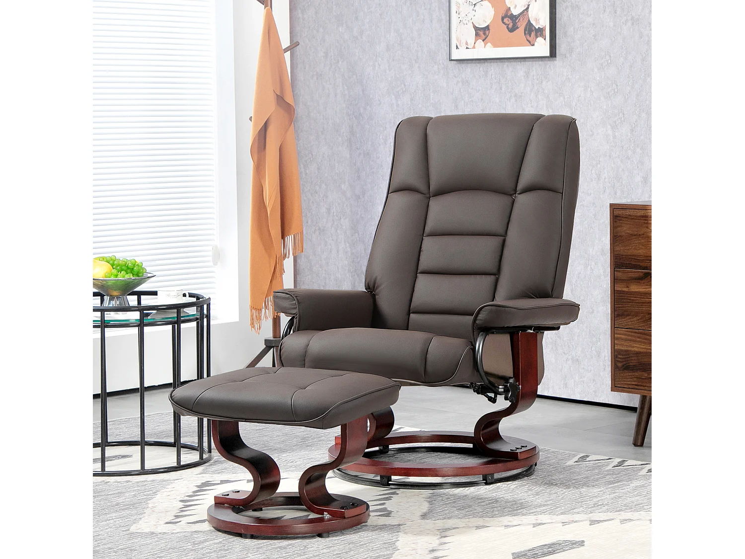 Fauteuil relax inclinable pivotant réglable avec repose-pied bois revêtement synthétique chocolat