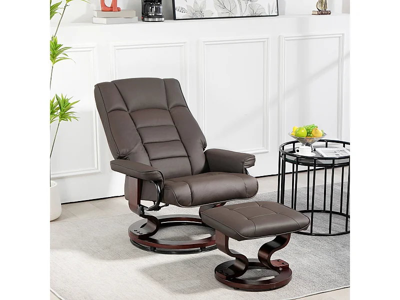 Fauteuil relax inclinable pivotant réglable avec repose-pied bois revêtement synthétique chocolat