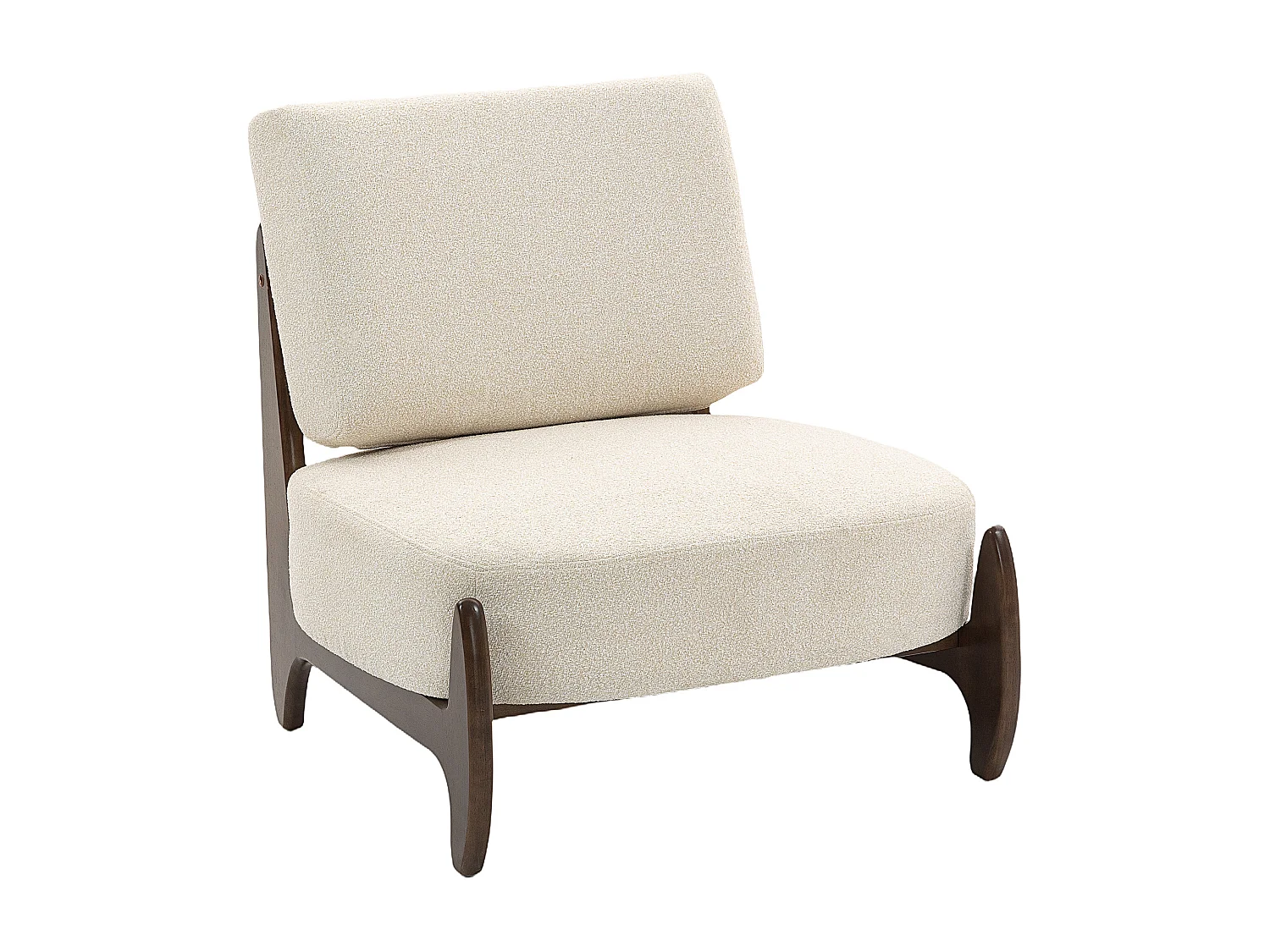 Fauteuil lounge design - fauteuil bas grand confort - bois hévéa foncé épais coussins tissu beige clair