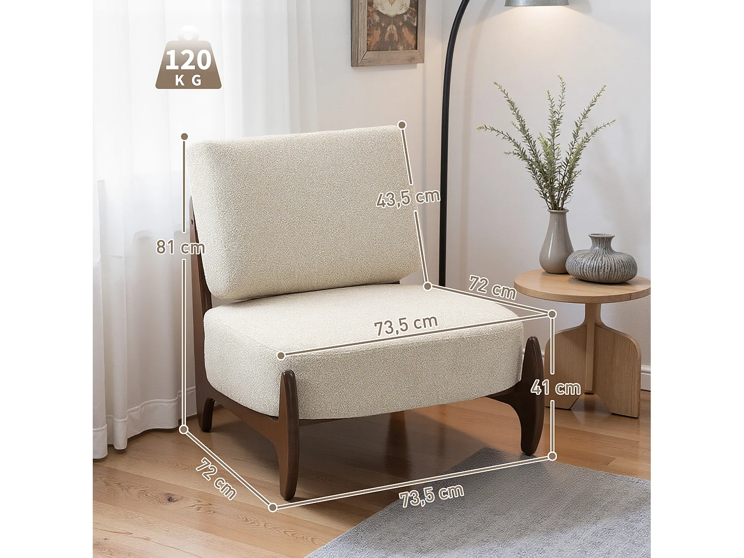 Fauteuil lounge design - fauteuil bas grand confort - bois hévéa foncé épais coussins tissu beige clair