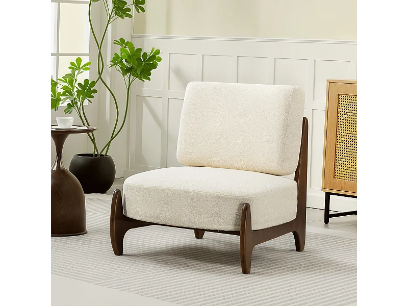 Fauteuil lounge design - fauteuil bas grand confort - bois hévéa foncé épais coussins tissu beige clair