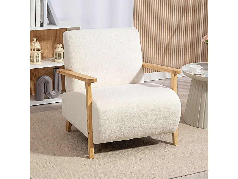 Fauteuil lounge style nordique effet laine bouclée crème structure bois