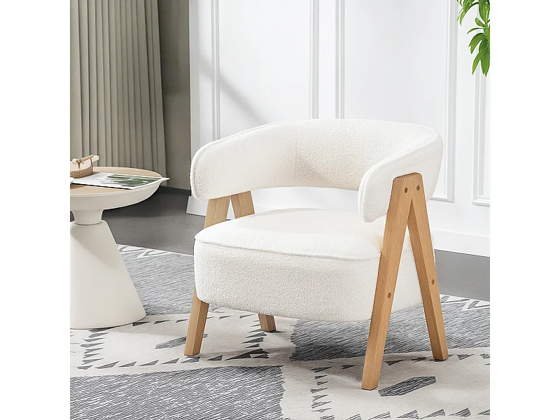 Fauteuil relax design bouclette - dossier enveloppant grand confort - bois blanc