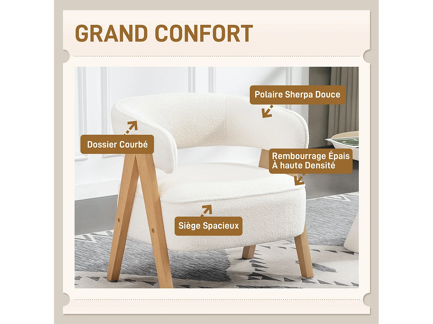 Fauteuil relax design bouclette - dossier enveloppant grand confort - bois blanc