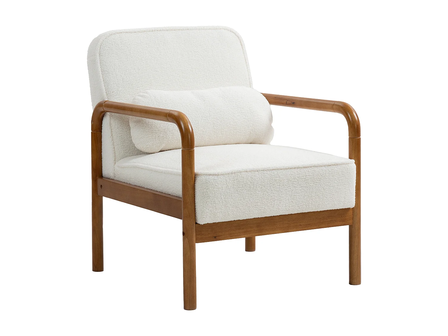 Fauteuil lounge design effet laine bouclée bois hévéa verni