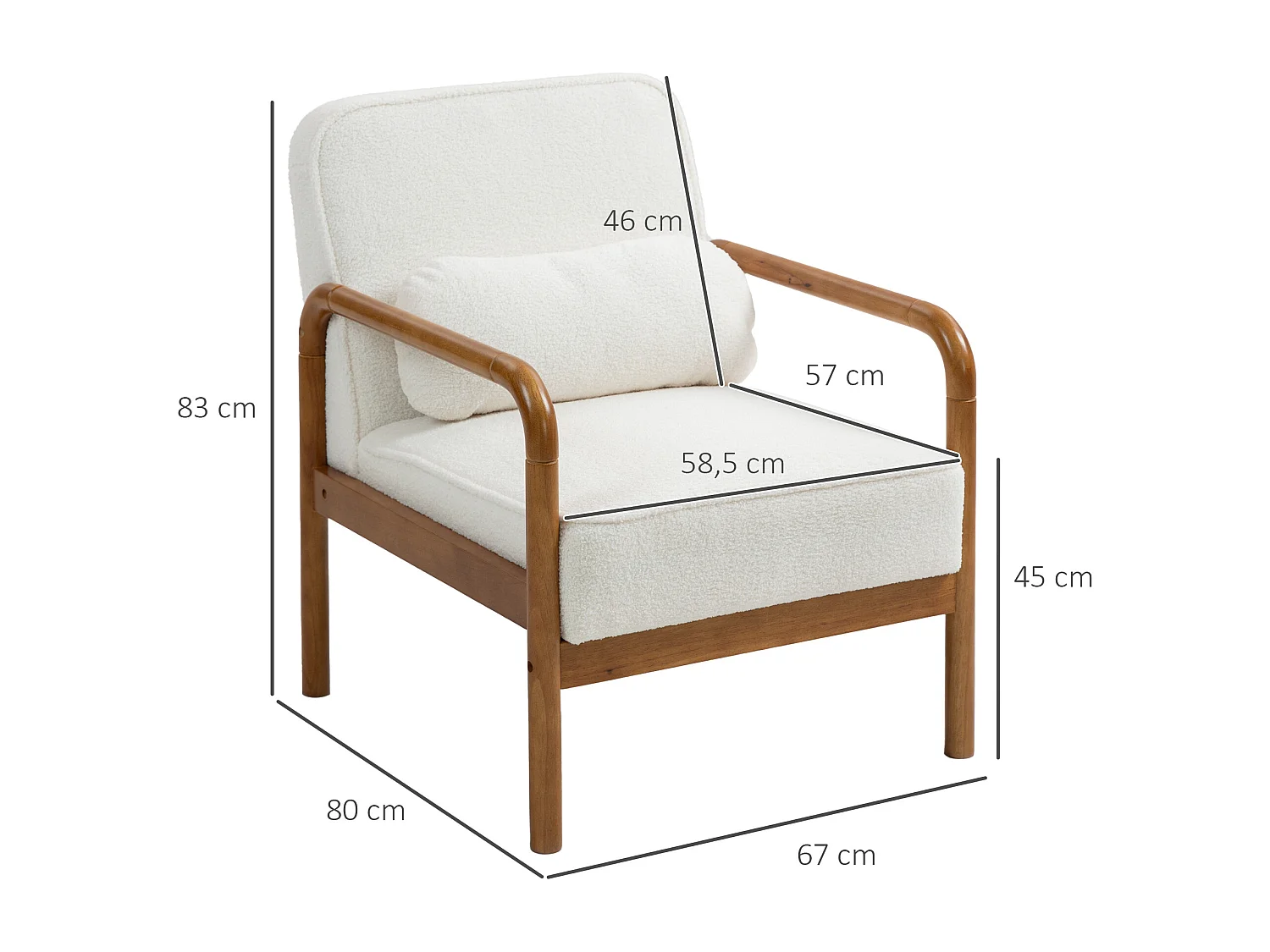 Fauteuil lounge design effet laine bouclée bois hévéa verni