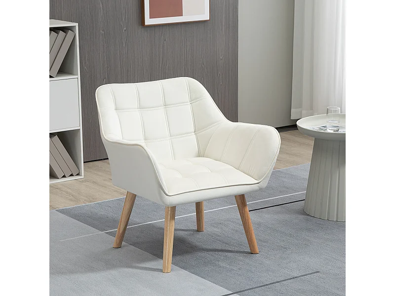 Fauteuil salon design scandinave - dossier accoudoirs enveloppant - piètement bois hévéa velours effet capitonné crème