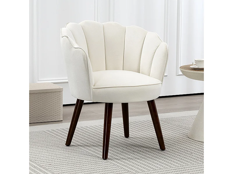 Fauteuil design coquillage piètement effilé bois d'hévéa dossier enveloppant strié aspect velours crème