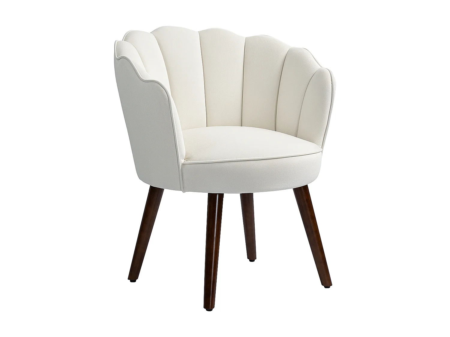 Fauteuil design coquillage piètement effilé bois d'hévéa dossier enveloppant strié aspect velours crème