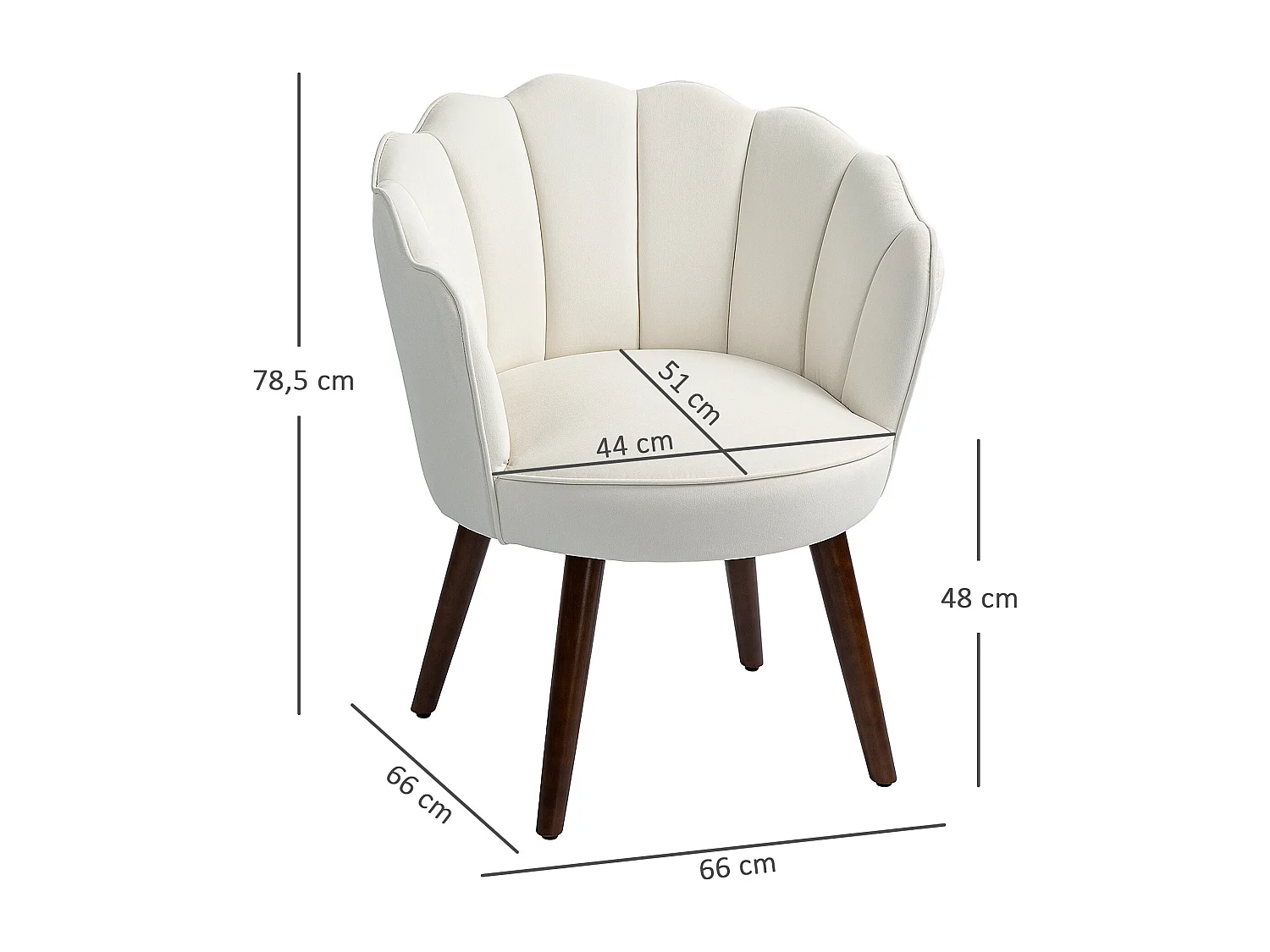 Fauteuil design coquillage piètement effilé bois d'hévéa dossier enveloppant strié aspect velours crème