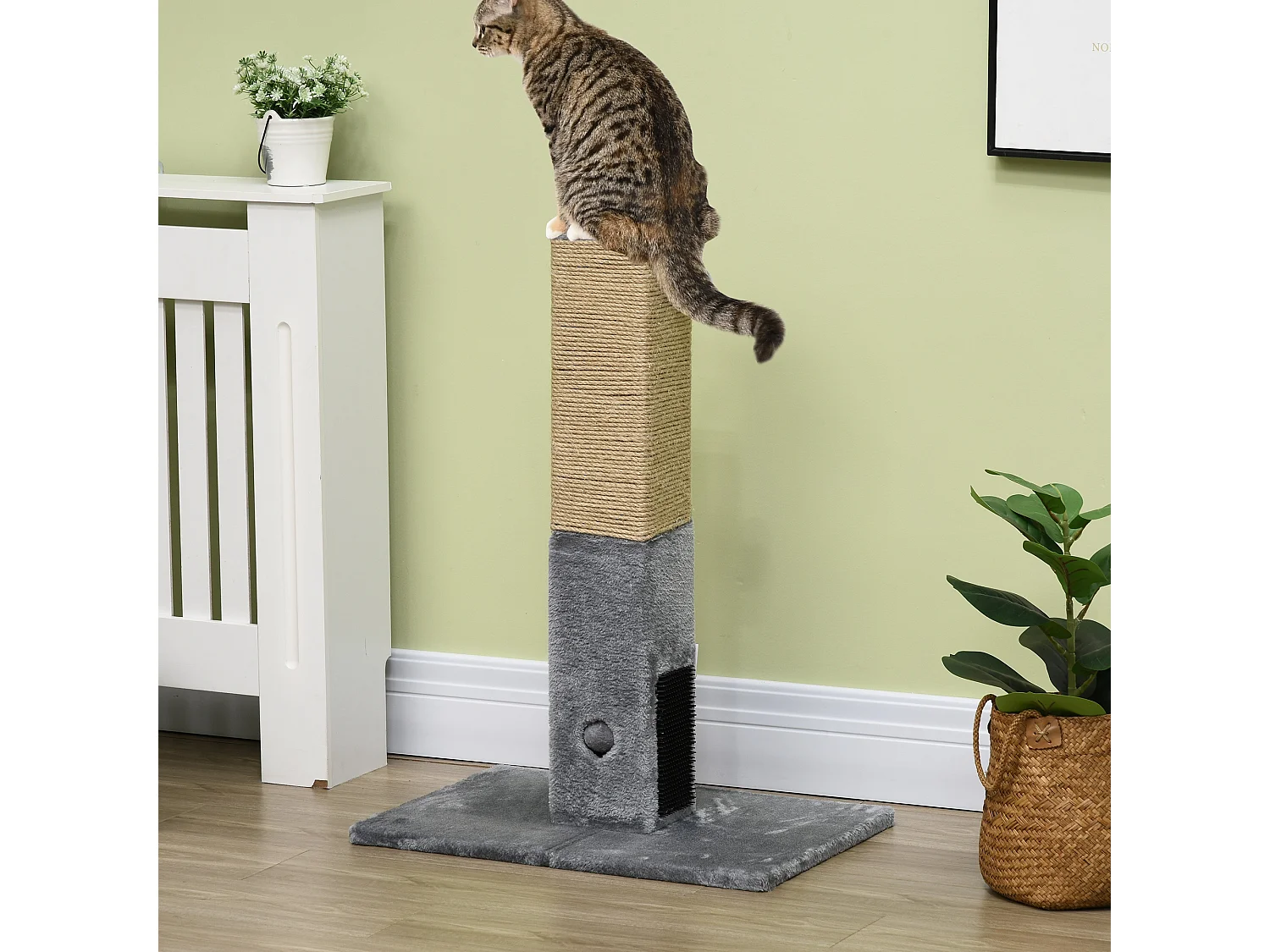 Griffoir chat H.79 cm - jeu boule suspendue et boule clochette, 2 bandes massantes - gris