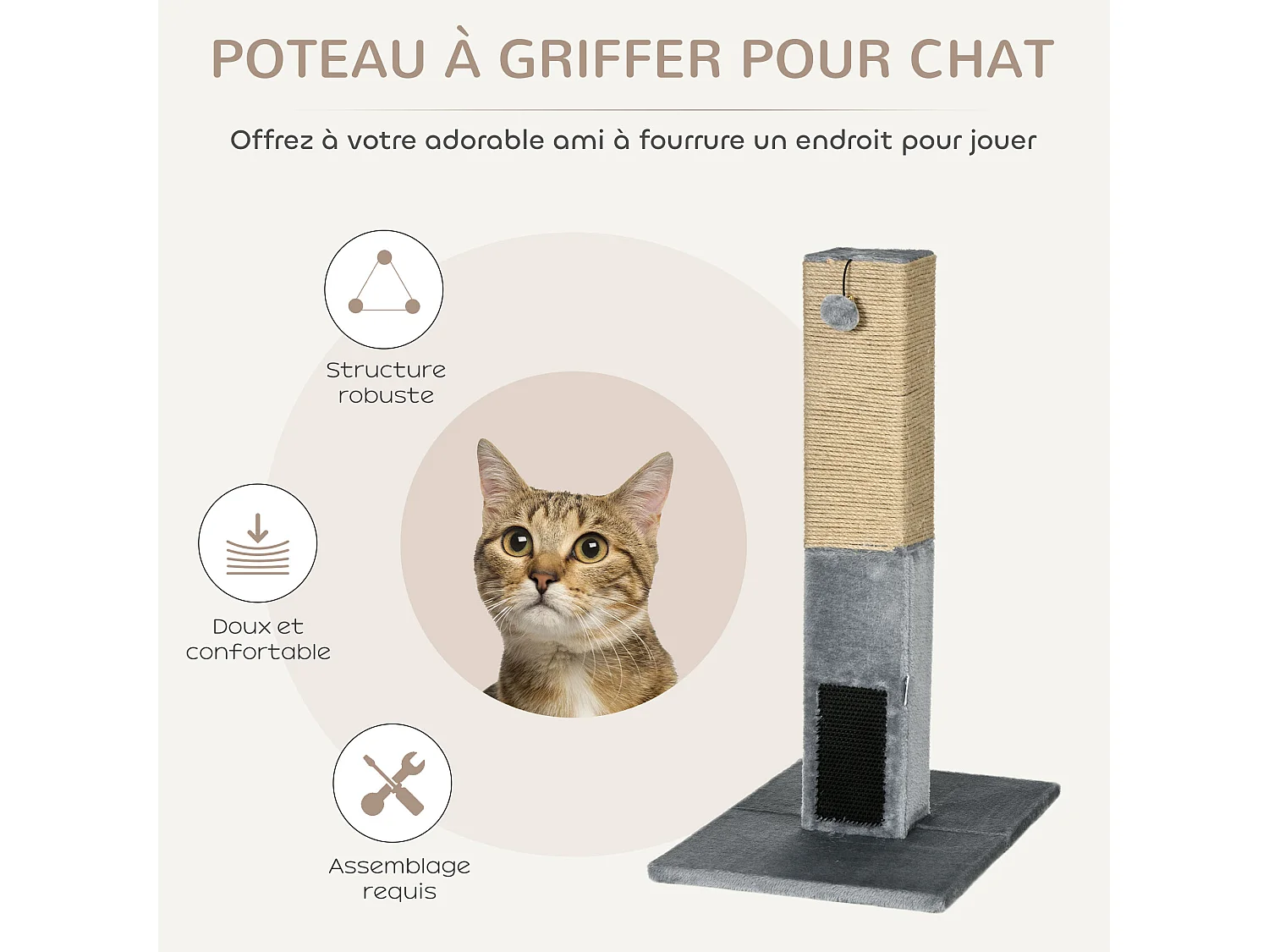 Griffoir chat H.79 cm - jeu boule suspendue et boule clochette, 2 bandes massantes - gris