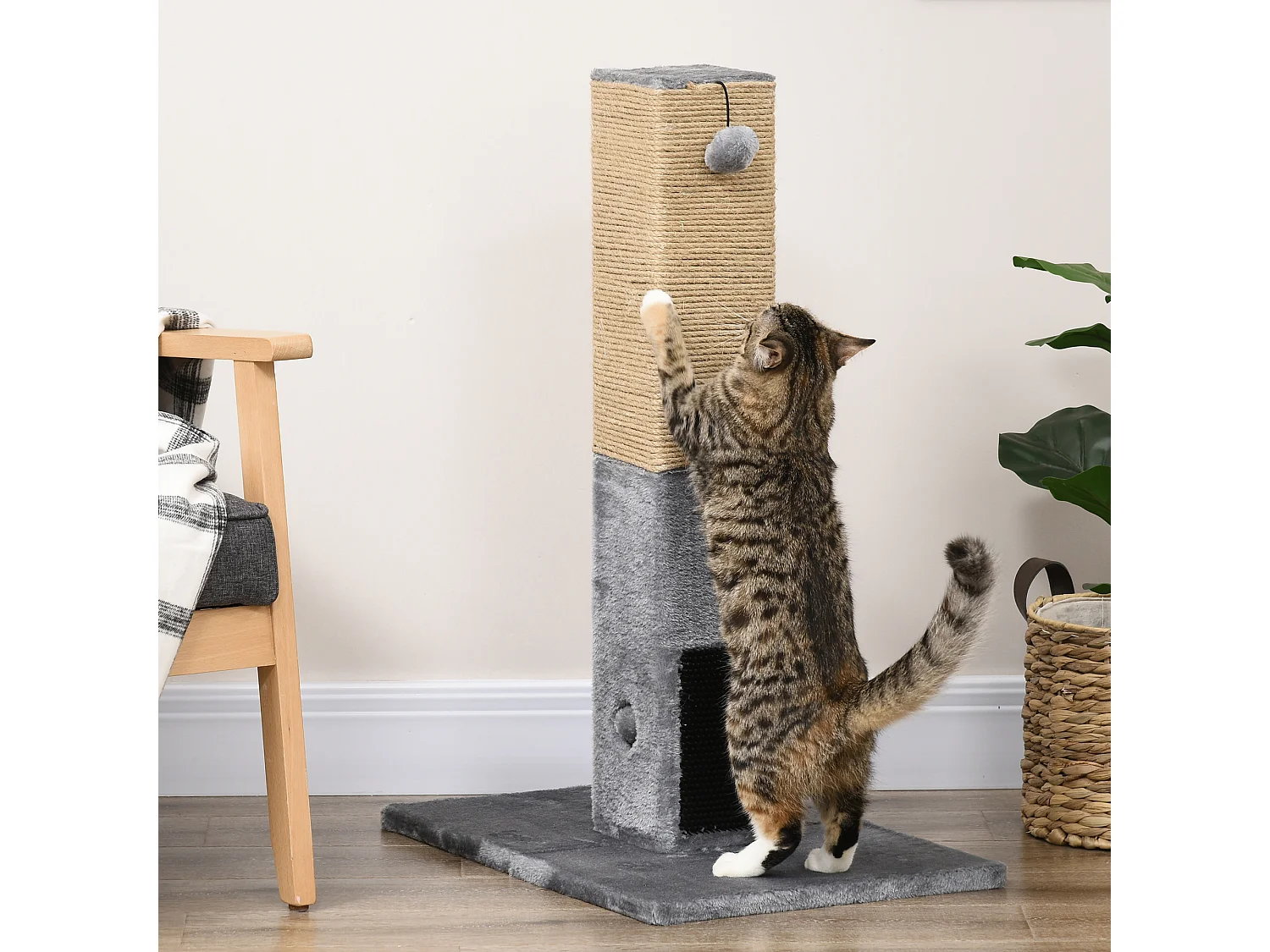 Griffoir chat H.79 cm - jeu boule suspendue et boule clochette, 2 bandes massantes - gris