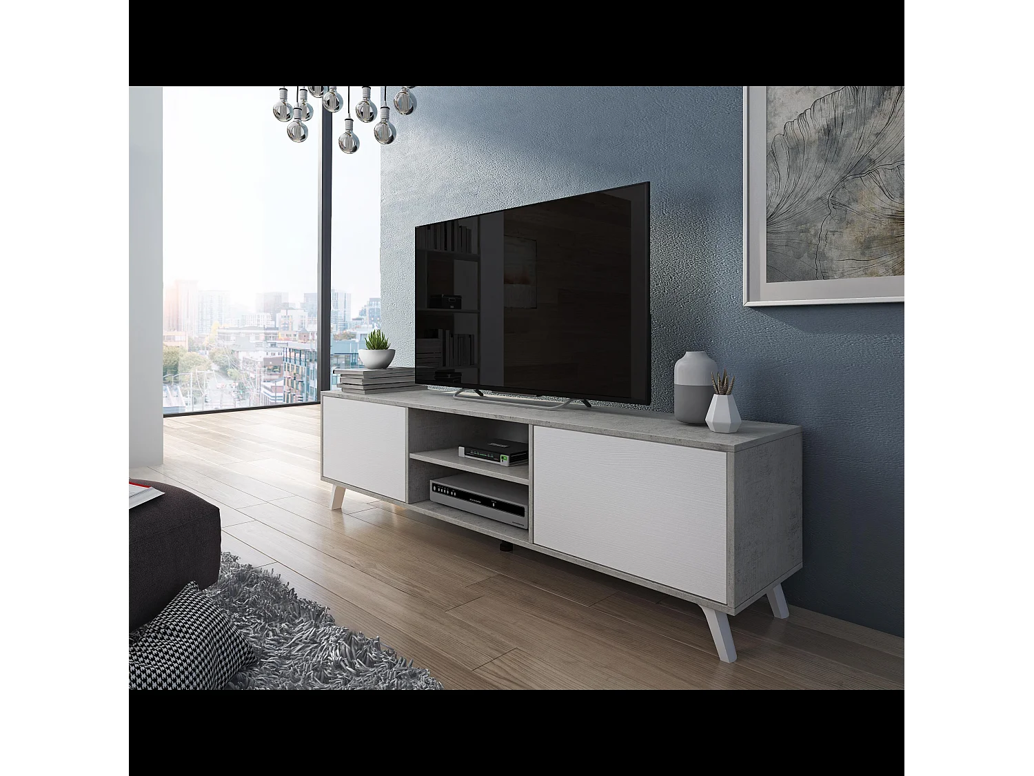 Mobile TV Moderno Con 2 Ante Battenti Ripiani Centrali Aperti Gambe Design Scandinavo Per Televisori fino a 75” 180 x 39,6 x 49 Cm Grigio Cemento E Bianco