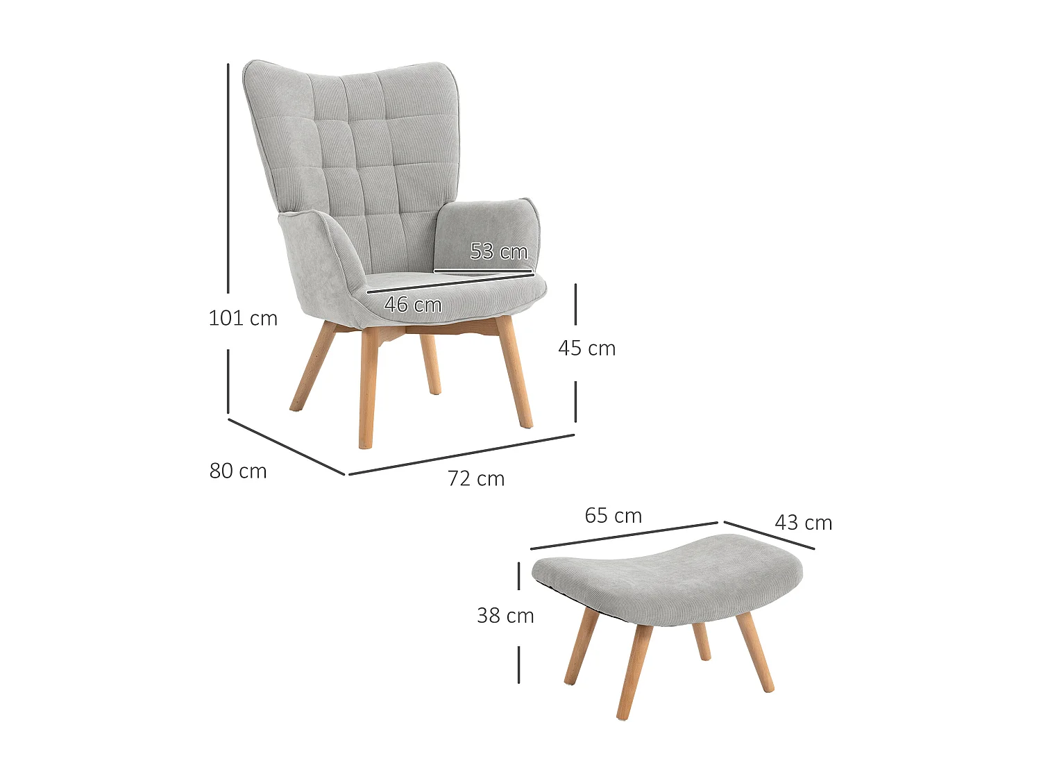 Fauteuil à oreilles et son repose-pieds piètement bois velours côtelé dossier effet capitonné gris