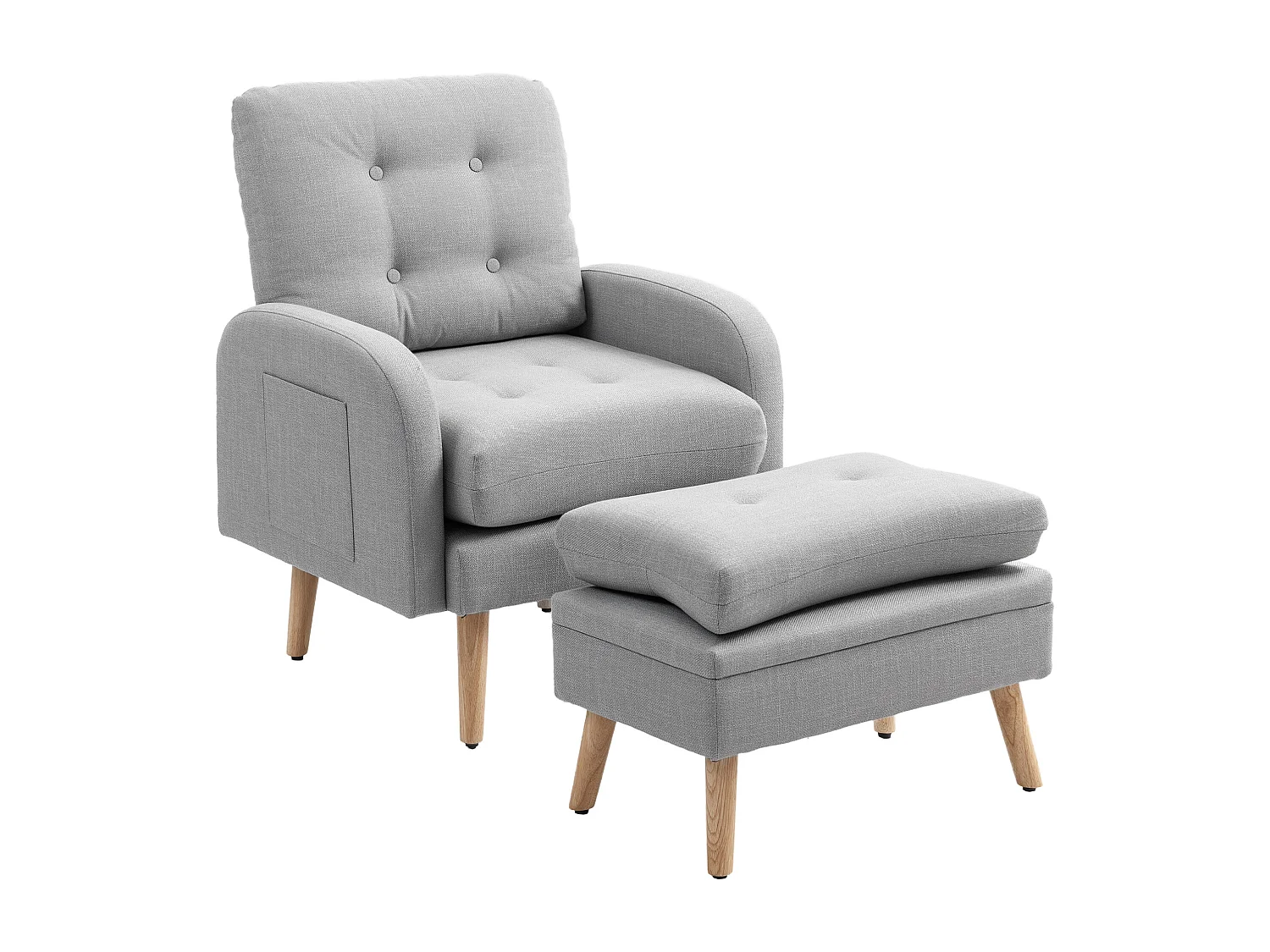 Fauteuil et repose-pieds design nordique grand confort piètement bois tissu effet lin aspect capitonné gris clair