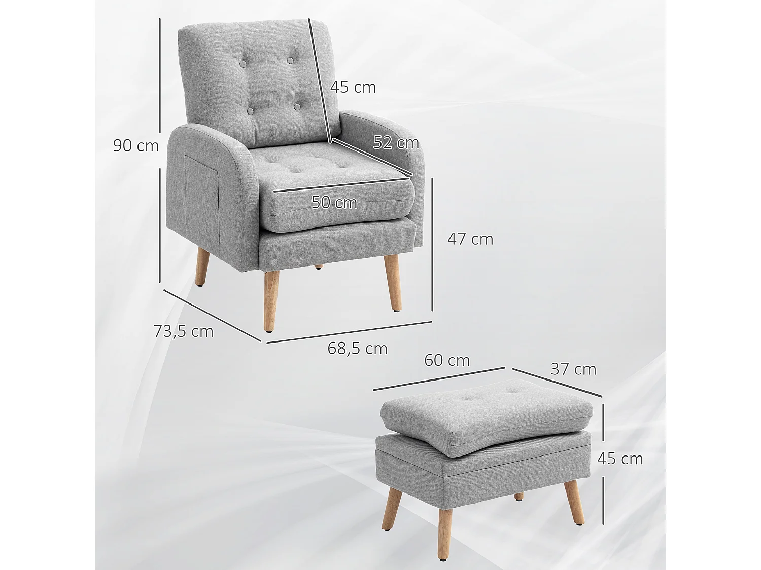 Fauteuil et repose-pieds design nordique grand confort piètement bois tissu effet lin aspect capitonné gris clair