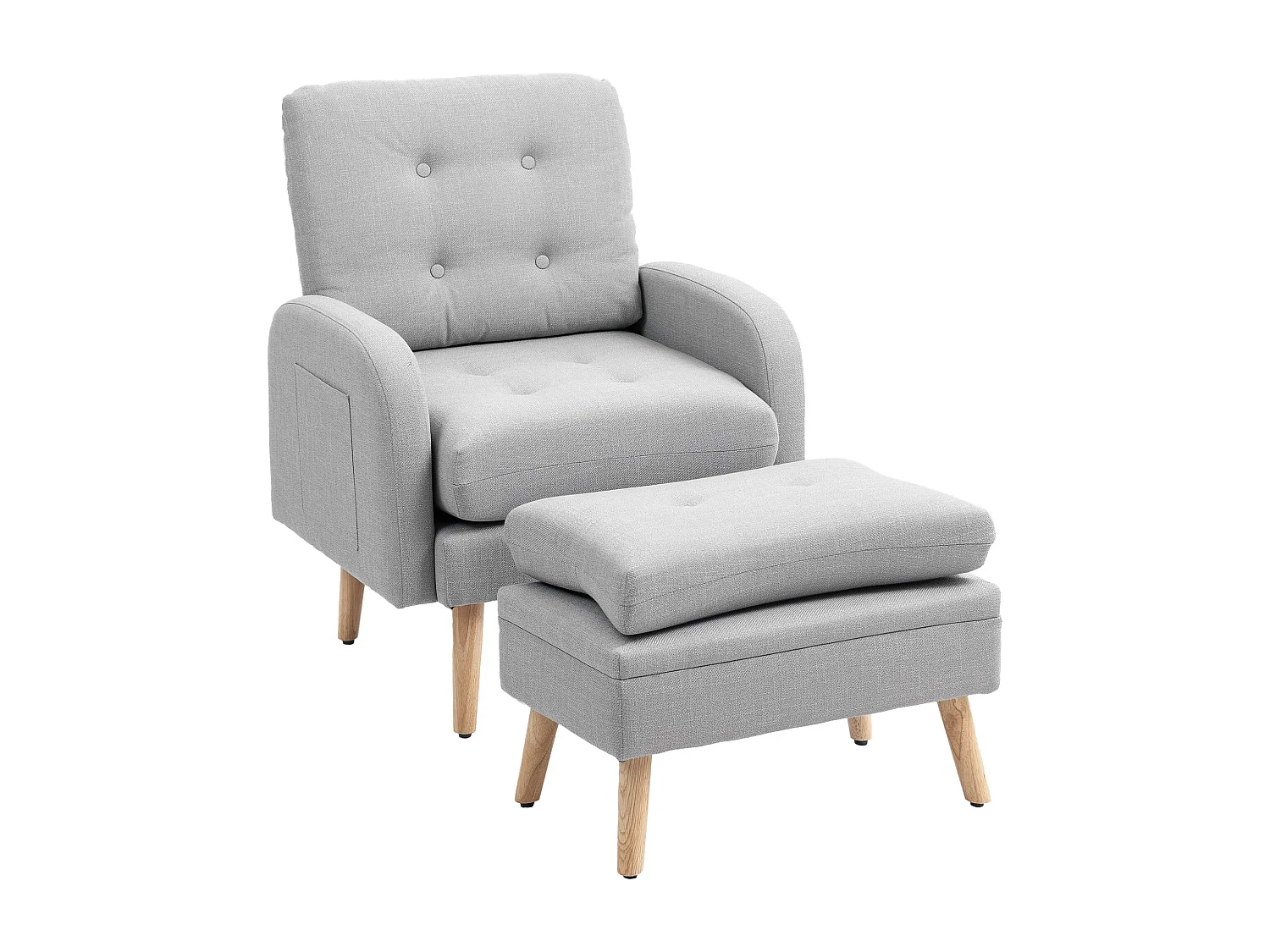 Fauteuil et repose-pieds design nordique grand confort piètement bois tissu effet lin aspect capitonné gris clair