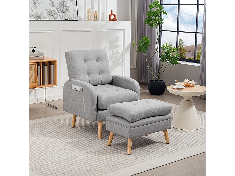 Fauteuil et repose-pieds design nordique grand confort piètement bois tissu effet lin aspect capitonné gris clair
