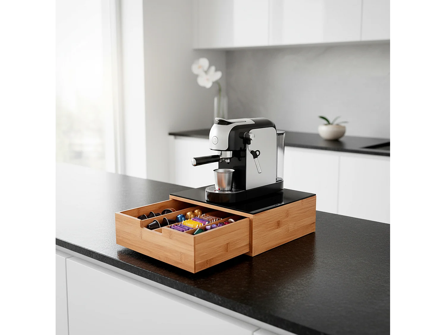 Porta Cialde In Bambù Con Cassetto 4 Scomparti R Ripiano in Vetro Organizer Capsule Caffè Cialde Bustine Tè Tisane Zucchero Design 30 x 30 x 10 Cm