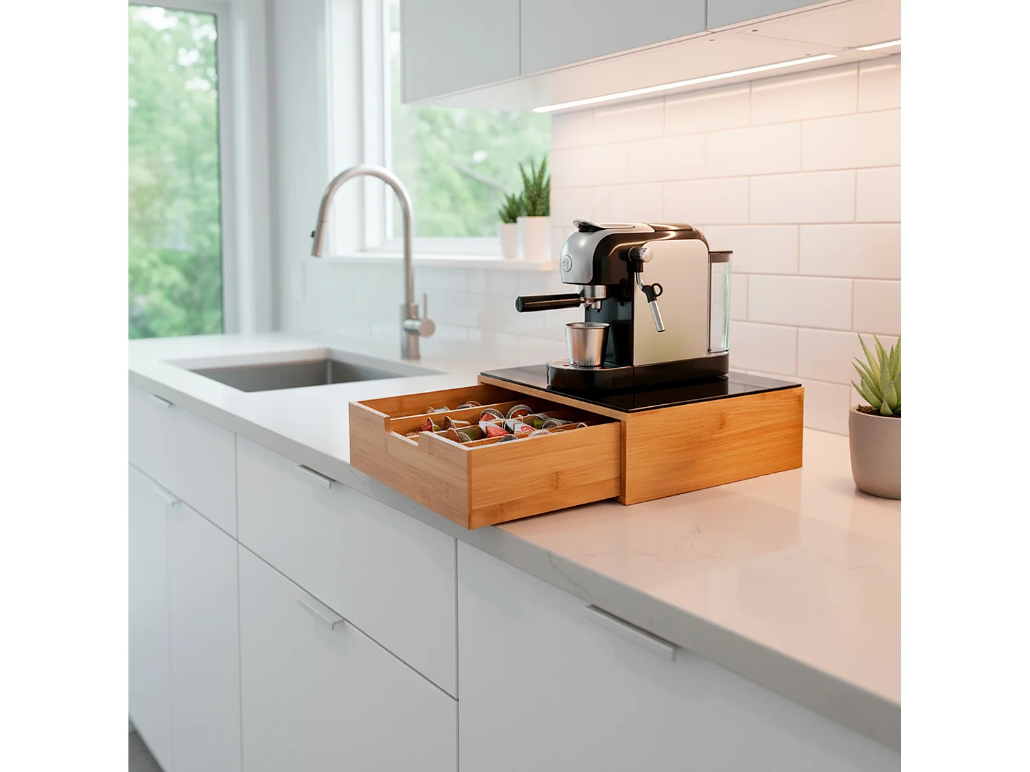 Porta Cialde In Bambù Con Cassetto 4 Scomparti R Ripiano in Vetro Organizer Capsule Caffè Cialde Bustine Tè Tisane Zucchero Design 30 x 30 x 10 Cm