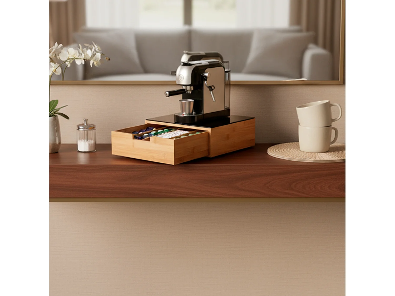 Porta Cialde In Bambù Con Cassetto 4 Scomparti R Ripiano in Vetro Organizer Capsule Caffè Cialde Bustine Tè Tisane Zucchero Design 30 x 30 x 10 Cm