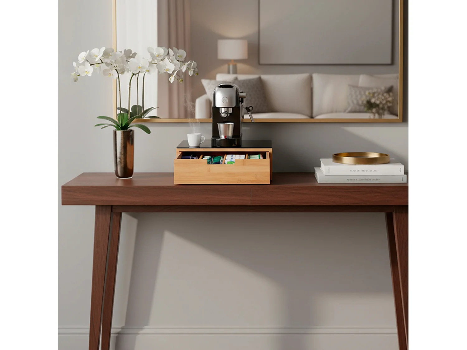 Porta Cialde In Bambù Con Cassetto 4 Scomparti R Ripiano in Vetro Organizer Capsule Caffè Cialde Bustine Tè Tisane Zucchero Design 30 x 30 x 10 Cm