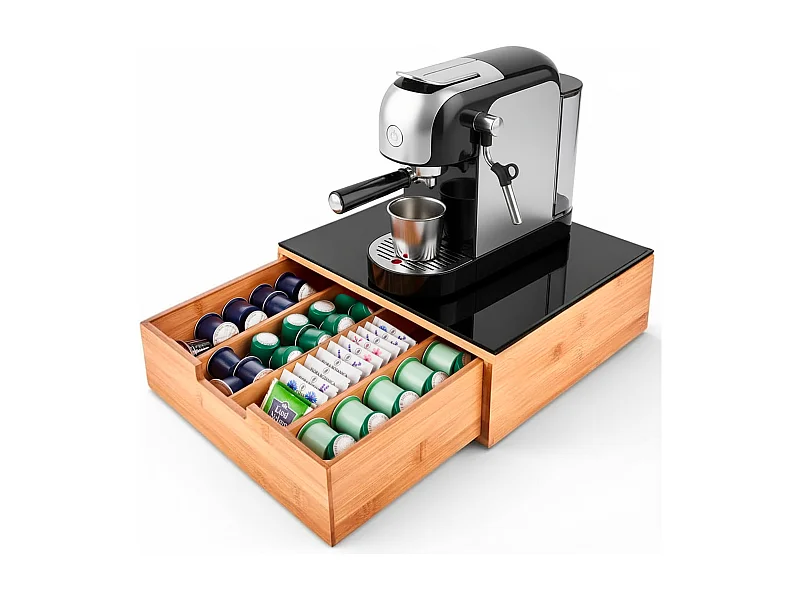 Porta Cialde In Bambù Con Cassetto 4 Scomparti R Ripiano in Vetro Organizer Capsule Caffè Cialde Bustine Tè Tisane Zucchero Design 30 x 30 x 10 Cm