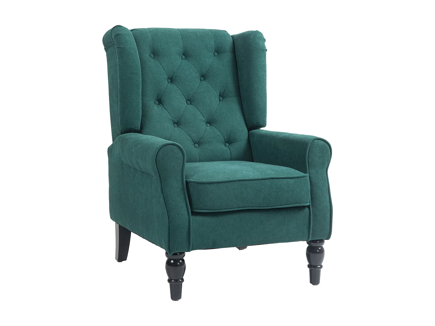 Fauteuil à oreilles style Chesterfield dossier capitonné grand confort bois noir tissu vert