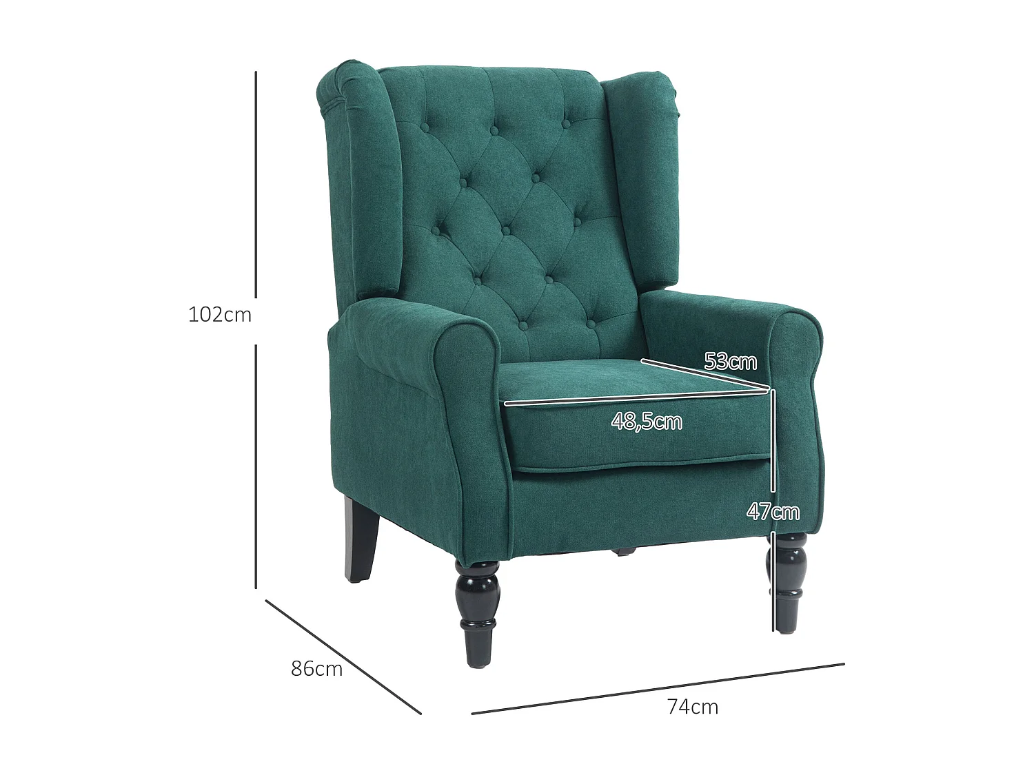 Fauteuil à oreilles style Chesterfield dossier capitonné grand confort bois noir tissu vert