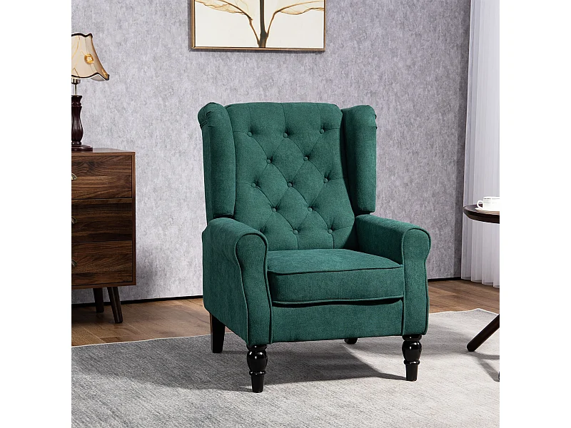 Fauteuil à oreilles style Chesterfield dossier capitonné grand confort bois noir tissu vert