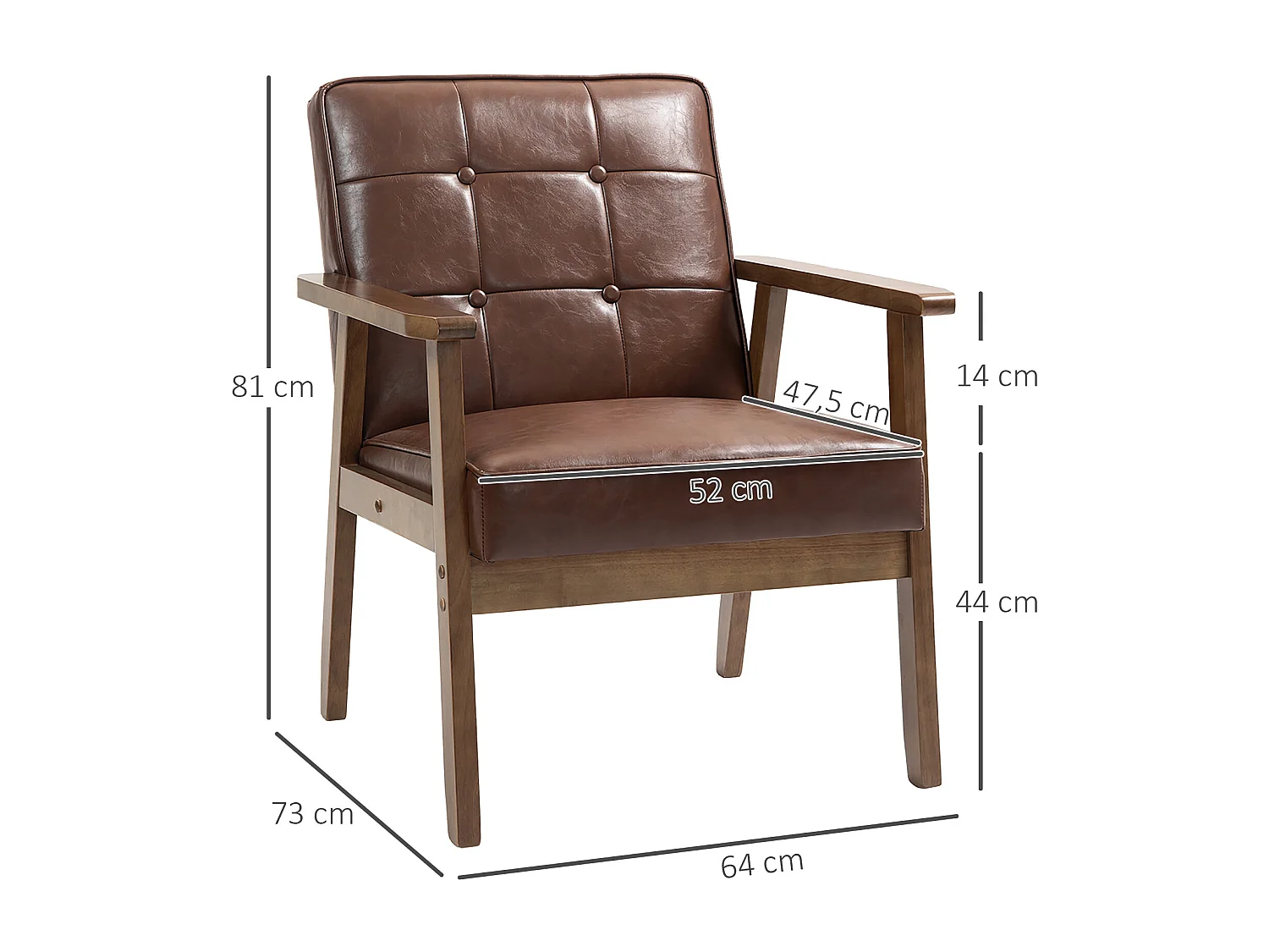 Fauteuil de salon lounge design Chesterfield bois hévéa foncé synthétique chocolat