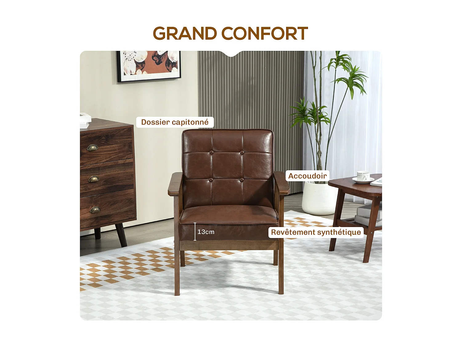 Fauteuil de salon lounge design Chesterfield bois hévéa foncé synthétique chocolat